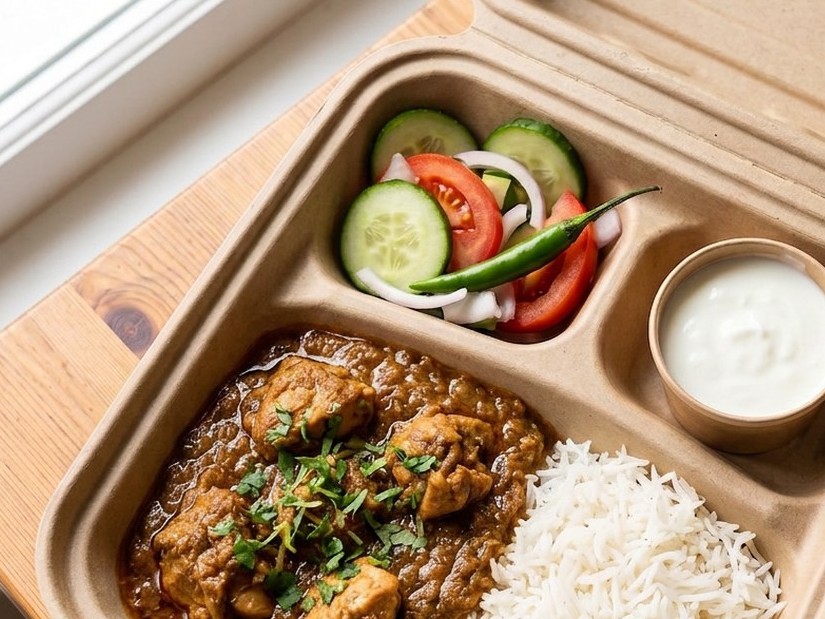 Chicken curry with white rice, salad and yoghurt